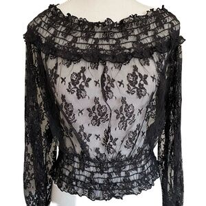 Guess Black Sheer Floral Lace Wide Neck Party Casual Blouse Top- Sz-L